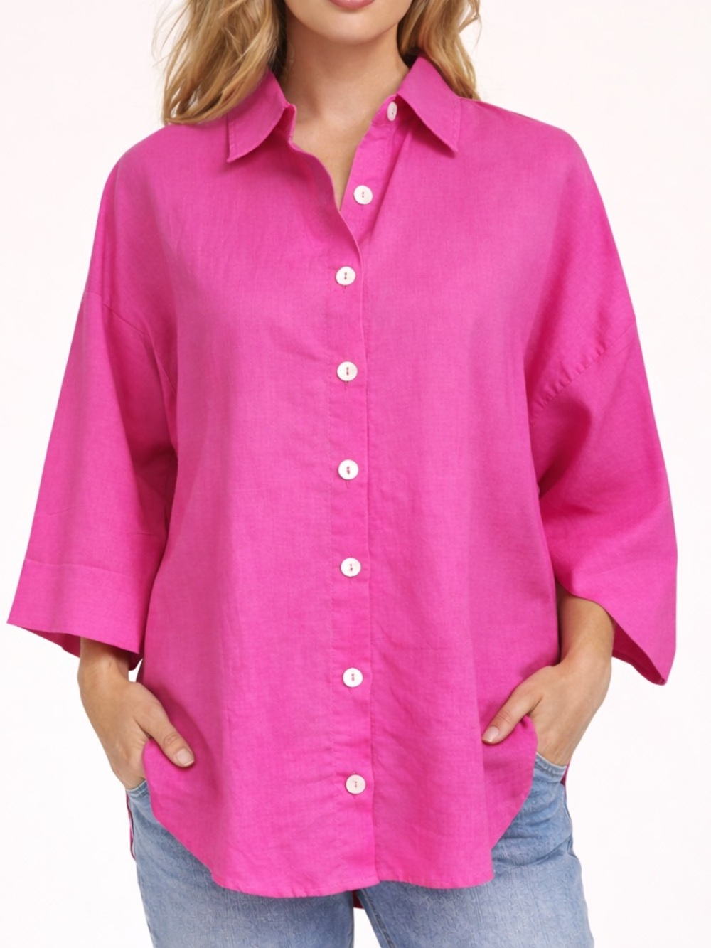 Charlie Holiday Pink Linen Blend Button Front Oversized Shirt NWT Small
